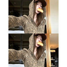 批发华棉复合+后包领豹纹连帽卫衣外套女季修身短款拉链上衣