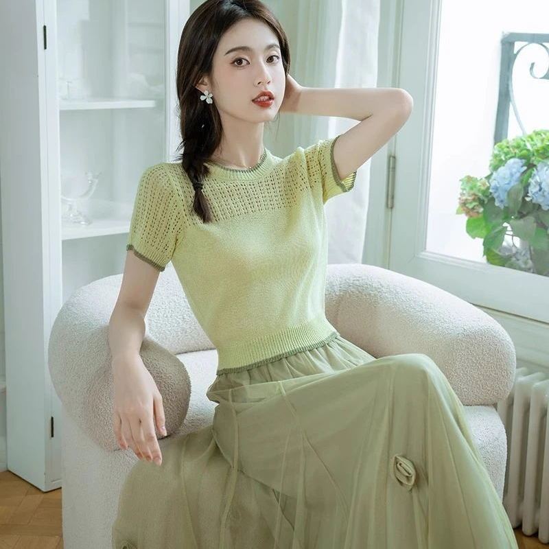 FA36148# 可盐可甜小清新女夏森系穿搭套装裙针织上衣搭配网纱半身裙两件套  服裝批發女裝批發服飾貨源