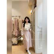 批发大码胖mm法式甜美风蝴蝶结飘带<b class='q'>衬衫</b><b class='q'>女</b>装粉色缎面半身长裙时尚<b class='q'>套装</b>