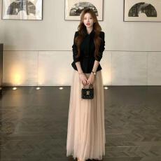 批发职业套装轻熟风气质韩系高级感收腰显瘦黑色西装外套网纱半身裙子