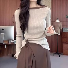 批发修身收腰气质上衣秋季新款<b class='q'>胖</b><b class='q'>MM</b><b class='q'>大码</b>女装复古撞色一字肩长袖针织衫