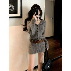 批发慵懒风灰色针织包臀连衣裙女2025秋冬新款小个子气质收腰毛衣<b class='q'>短裙</b>