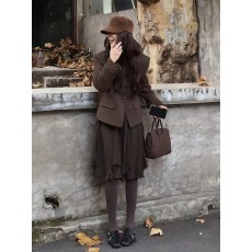批发冬季时尚气质新款森系少女风套休闲百搭西装<b class='q'>外套</b>显瘦半身裙两件套