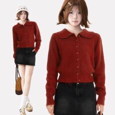 本命年新年过年红色翻领针织毛衣女春季短款正肩娃娃领开衫外套