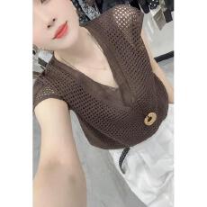 批发韩版假两件薄款镂空短袖<b class='q'>针织衫</b>T恤女夏季温柔风设计感显瘦上衣潮