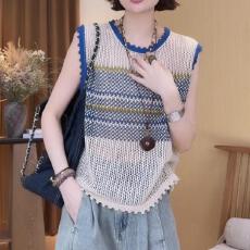 批发2026夏季时尚新款韩系通勤风气质撞色条纹百搭镂空针织无袖上衣女