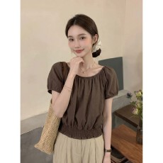 批发高级感圆领泡泡袖T恤女时尚收腰抽褶设计感显瘦休闲风宽松上衣