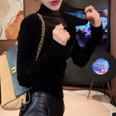 批发2026秋冬新款时尚设计感百搭丝绒上衣长袖<b class='q'>T</b><b class='q'>恤</b>打底衫立领女