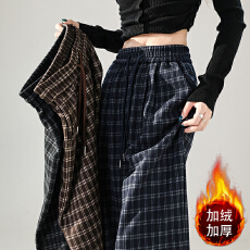 批发实拍加绒加厚秋冬复古格纹阔腿裤高腰<b class='q'>显瘦</b>直筒百搭拖地休闲裤
