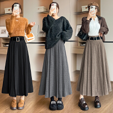 批发实拍秋冬新款加厚毛呢时尚高腰百褶显瘦中长款a字<b class='q'>半身裙</b>