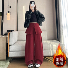 批发实拍冬季新款加绒加厚真两件阔腿裤时尚高腰束脚两穿休闲弯刀裤