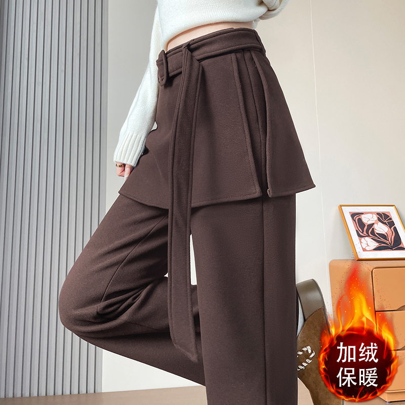 实拍冬季新款加绒加厚时尚羊绒假两件屁帘微喇显瘦休闲裤