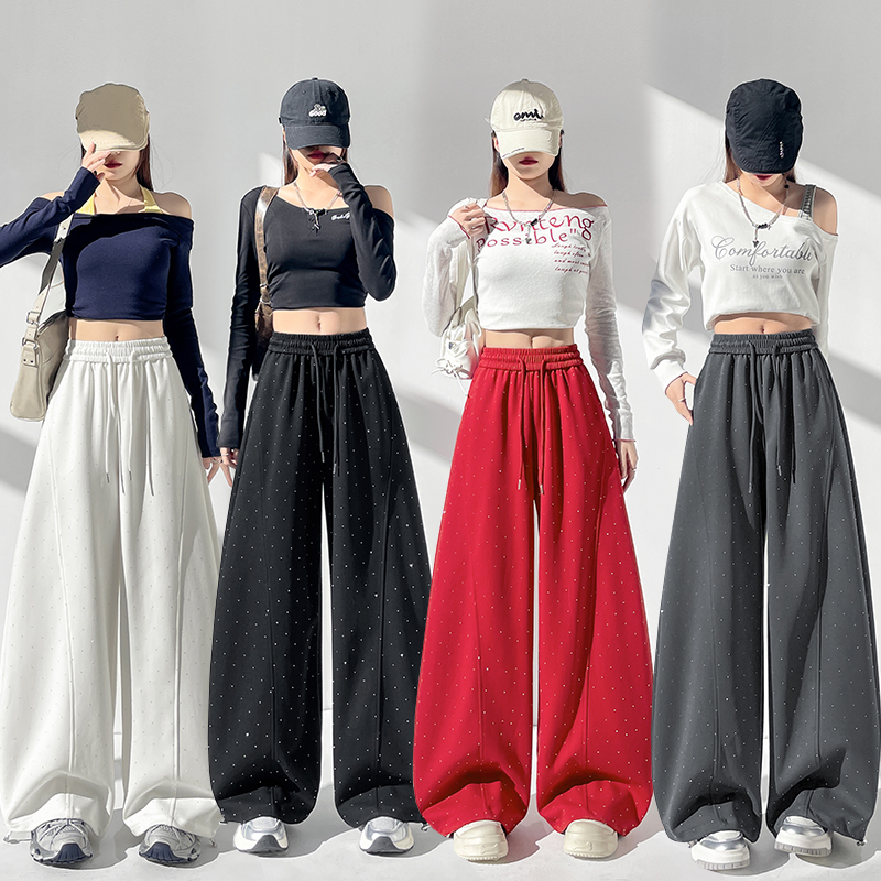 实拍春季新款时尚重工烫钻弯刀裤阔腿休闲香蕉裤两穿运动裤长裤女