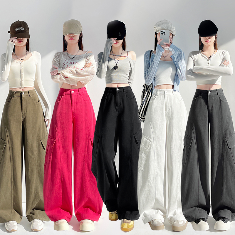 实拍2026春季全棉洗水工装裤美式时尚运动裤阔腿裤宽松休闲裤子女