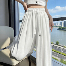 批发实拍2026夏季<b class='q'>高腰</b>显瘦宽松直筒休闲垂感亚麻阔腿裤 白色有内衬
