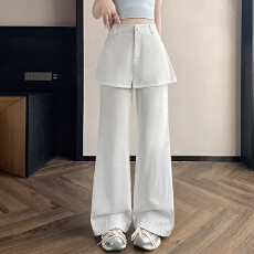 批发实拍2026春夏季全棉洗水休闲裤宽松假两件屁帘<b class='q'>阔腿裤</b>微喇叭长裤女