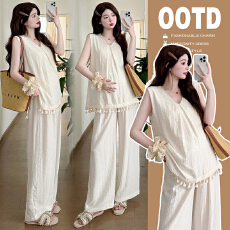 批发实拍 2026夏季新款气质慵懒感流苏花边无袖麻感背心＋<b class='q'>裤</b>子套<b class='q'>装</b>女