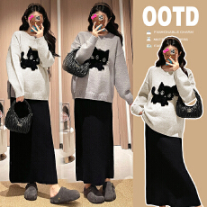 批发实拍 孕妇装圆领小猫仿貂毛立体宽松长袖针织毛衣+半身裙两件套