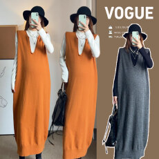 批发2025新款秋冬法式复古<b class='q'>休闲</b>时尚中长款打底衫背带孕妇连衣裙两件套