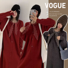 批发孕妇装时尚气质显瘦针织连衣裙2025<b class='q'>秋</b>冬新款高级感波点系带毛衣裙