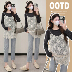 批发实拍 2026春季新款孕妇装高级感时髦洋气吊带蕾丝裙+<b class='q'>长袖</b>T恤