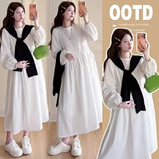 批发实拍 2026春季新款孕妇装褶皱<b class='q'>长袖</b>连衣裙女新款宽松长款A字裙子