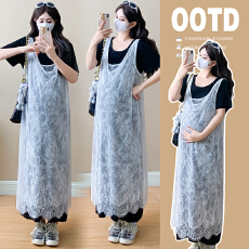 批发实拍 2026夏季新款孕妇装<b class='q'>蕾丝</b>拼接假两件连衣裙针织长裙宽松裙子