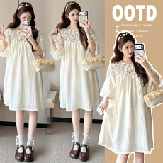 批发实拍 2026孕妇装夏装新款时尚钩花镂空蕾丝拼接连衣裙