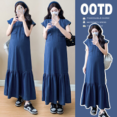 实拍 2026孕妇装夏装新款薄款短袖牛仔连衣裙女夏季简约鱼尾长裙