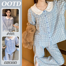 批发【优质云朵棉】韩版甜美撞色娃娃领睡<b class='q'>衣</b>女夏季短袖长<b class='q'>裤</b>小清新外