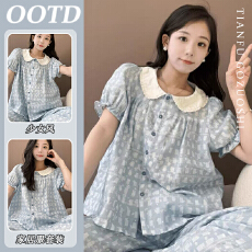 批发优质云朵棉韩版甜美撞色娃娃领睡<b class='q'>衣</b>女夏季短袖长<b class='q'>裤</b>小清新外