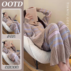 珍贝绒 韩系少女半边绒睡衣女款冬季2025保暖针织开衫家居服