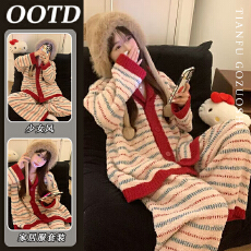 珍贝绒 日系慵懒风撞色条纹半边绒睡衣女2025新款长裤家居服