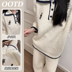 可爱卡通小熊半边绒睡衣冬季女款2025新款加厚保暖大码家居服套装
