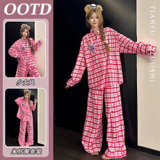 批发【优质仿棉】红色格子睡衣女春秋季新甜美可爱简约红款长袖家居服