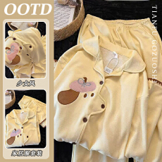 批发【德绒面料】德绒黄色卡通长袖睡衣女秋冬季2025新款网红保暖家居