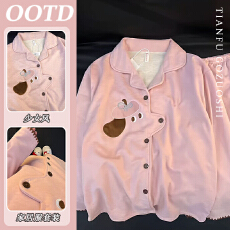 批发【德绒面料】德绒粉色卡通长袖睡衣女秋冬季2025新款网红保暖家居