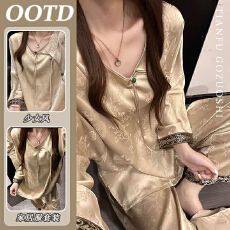 批发<b class='q'>韩版</b>复古风盘扣睡衣女款春秋新款大码长袖长裤家居服<b class='q'>套装</b>外穿