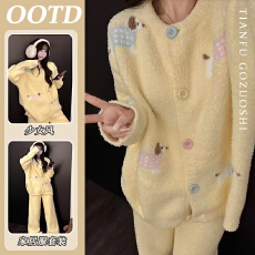 批发毛巾绣花新款ins睡衣女秋冬季半边绒保暖卡通腊肠狗可爱少