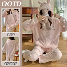 批发韩系兔耳朵可爱半边绒连帽睡衣<b class='q'>女</b>秋冬新款家居服加厚<b class='q'>大码</b>保暖套装