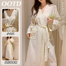 批发仿棉面料简约休闲条纹睡袍睡裙睡衣女款春<b class='q'>秋</b>季长袖宽松家居服