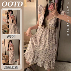 批发仿棉面料韩国小姐姐同款夏季吊带蕾丝花边甜美性感纯欲家居服
