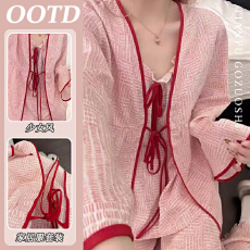 批发新中式复古绑带长袖睡衣女春秋款2026新款粉色吊带长裤居家服套装