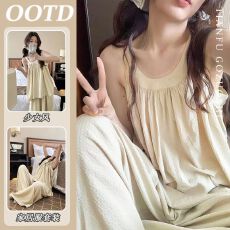 批发优质仿棉纱韩版吊带背心睡衣<b class='q'>女</b>暗纹素雅绿阔腿裤<b class='q'>家居</b>服两件套