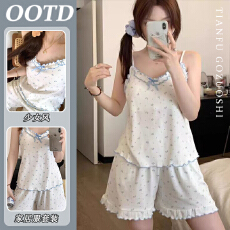 批发【优质仿棉】【带胸垫】甜美韩系少女碎花蕾丝睡衣女夏季带胸垫