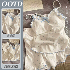 批发优质仿棉带胸垫甜美韩系少女碎花蕾丝睡衣女夏季带胸垫