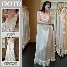 批发【冰丝面料】韩国法式冰丝绸缎睡衣女夏珍珠白公主睡裙缎面