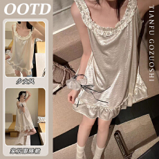 批发冰丝面料韩国法式冰丝绸缎睡衣女夏珍珠白公主睡裙缎面