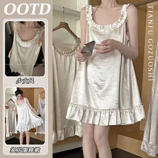 批发冰丝面料韩国法式冰丝绸缎睡衣女夏珍珠白公主睡裙缎面