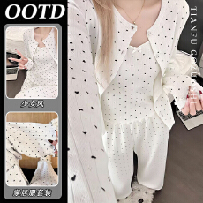 批发【优质仿棉】甜美少女爱心印花纯欲吊带睡衣女春秋季新款三件套